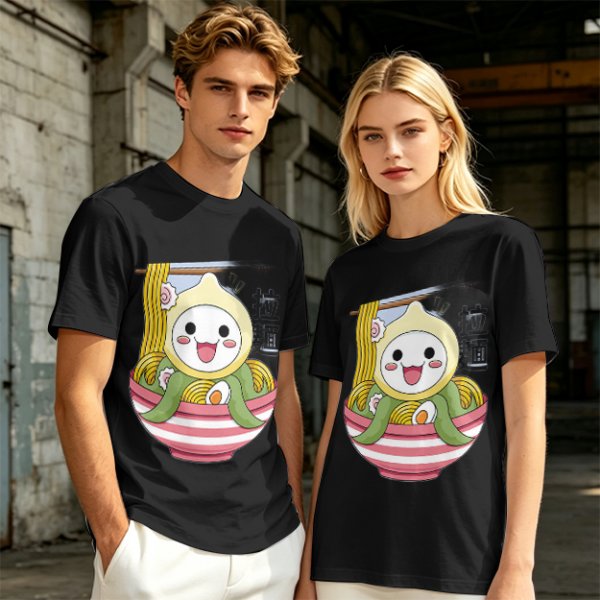 Owl-like character in ramen bowl graphic olive green t-shirt