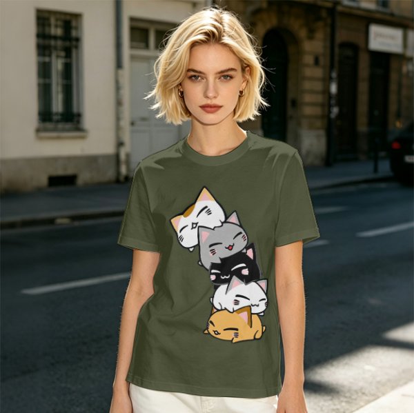Olive T-Shirt With Stacked Cute Chibi Cats Graphic