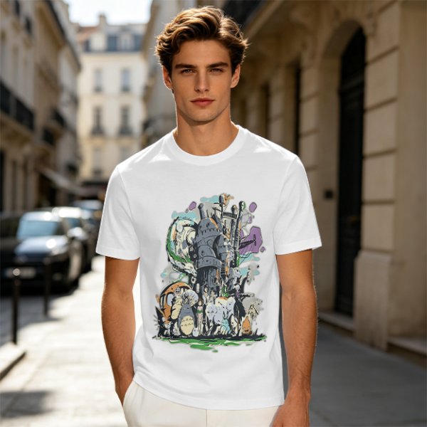 Olive T-shirt with Studio Ghibli Character Mashup Art Print