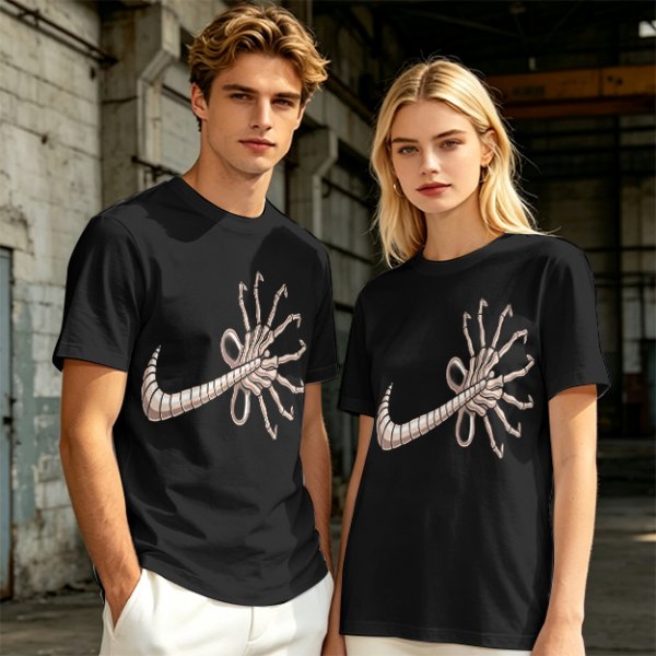 Olive T-shirt with Alien Facehugger Swoosh Graphic Print