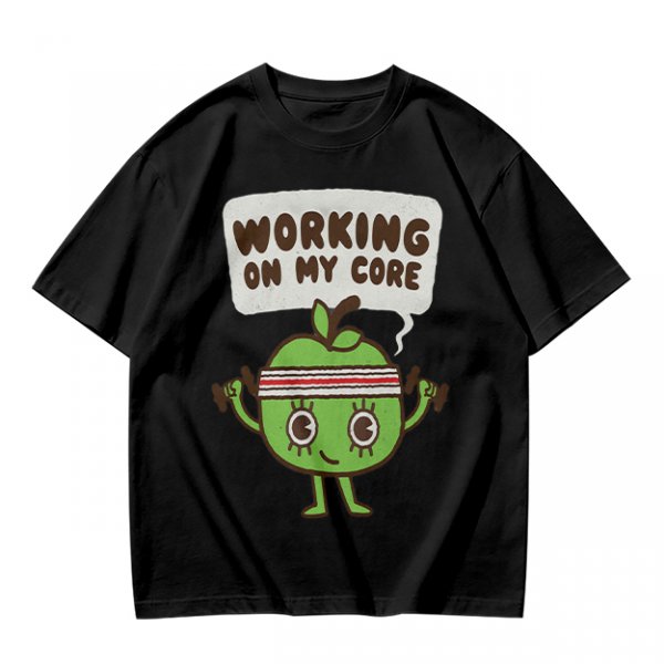 Olive green t-shirt with cartoon apple lifting dumbbells and 'Working on my core' text