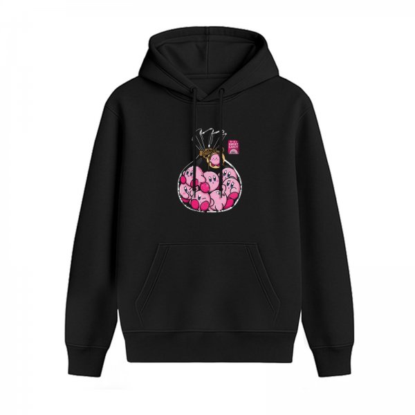 Black hoodie with a drawstring bag full of pink Kirby characters