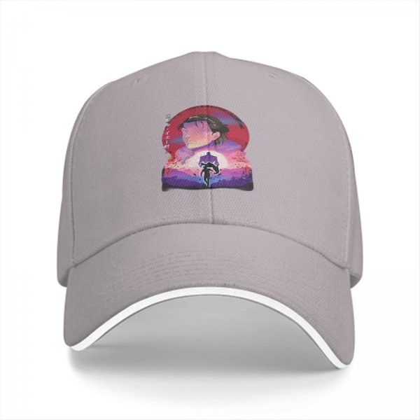 Black baseball cap with anime sunset graphic print