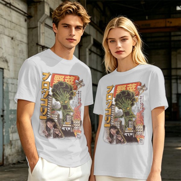 Olive T-shirt with Giant Broccoli Monster Attacking City Art