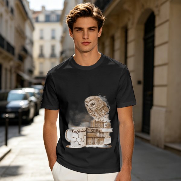 Owl on coffee books and caffeine mug graphic t-shirt