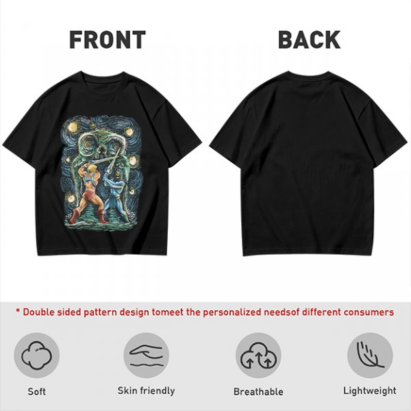 Olive T-shirt with Starry Night Style He-Man vs Skeletor Art