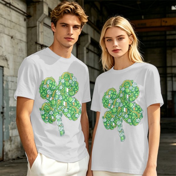 Olive Green T-Shirt With St. Patrick's Day Four-Leaf Clover Art