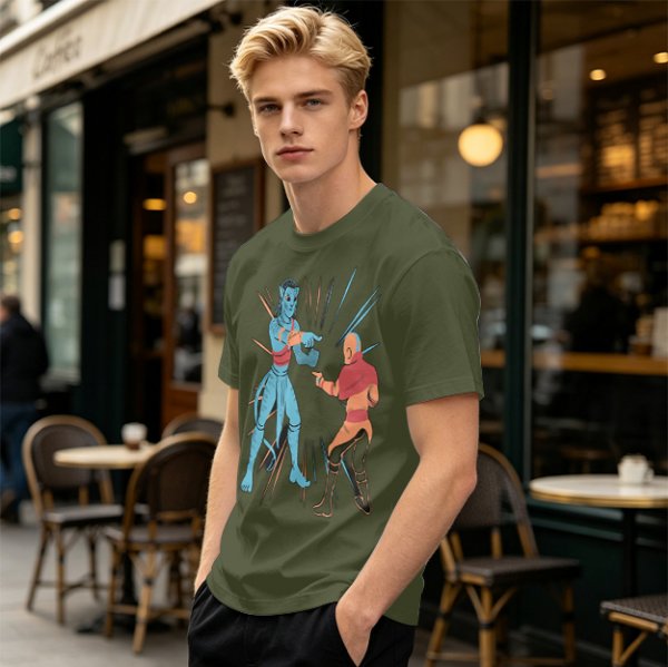 Olive T-shirt with Avatar Na'vi and Aang Pointing Meme Art