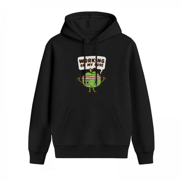 Black hoodie with cartoon apple graphic and 'Working on my core' text