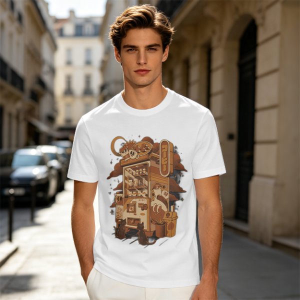 Olive T-Shirt with Coffee Vending Machine and Cats Graphic