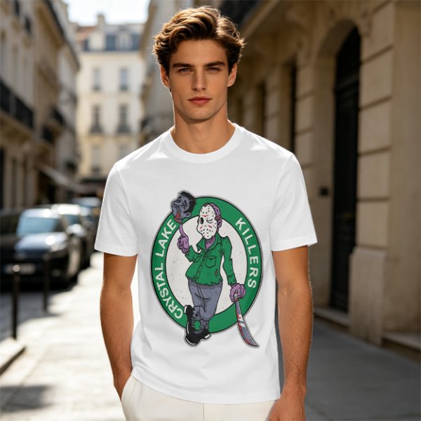 Army Green T-Shirt with Crystal Lake Killers Jason Voorhees Graphic