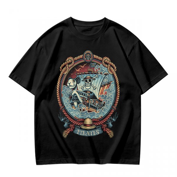 Olive Green Pirate Themed T-Shirt with Ship and Skull Graphic