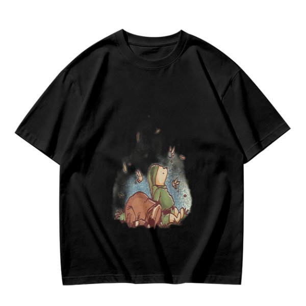Olive green t-shirt with whimsical elf and dog artwork