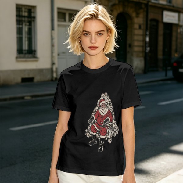 Olive T-shirt with Santa Claus on Skull Throne Graphic