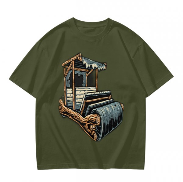Olive T-Shirt With Rustic Wooden Cart Print