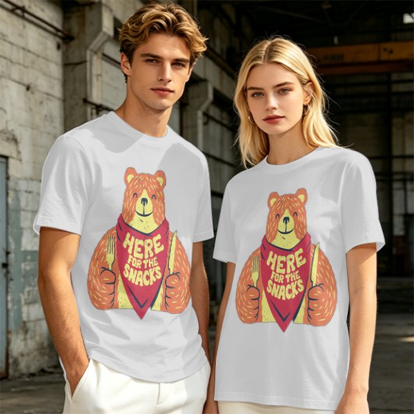 Olive T-Shirt With Happy Bear Holding Fork And Knife Here For Snacks Print
