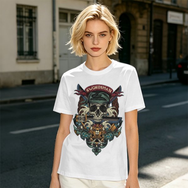 Olive Green Swordsman Skull Graphic Short Sleeve T-Shirt