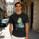 Olive t-shirt with a cartoon dinosaur working on laptop holding coffee