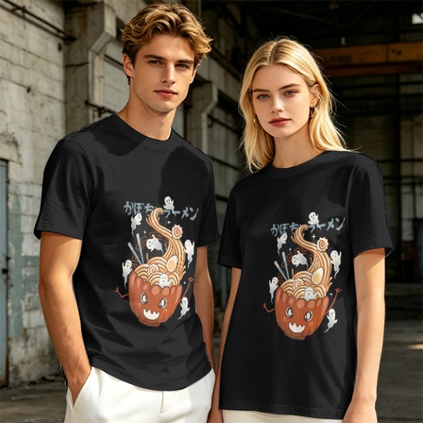 Olive green t-shirt with pumpkin ramen and ghost graphic print