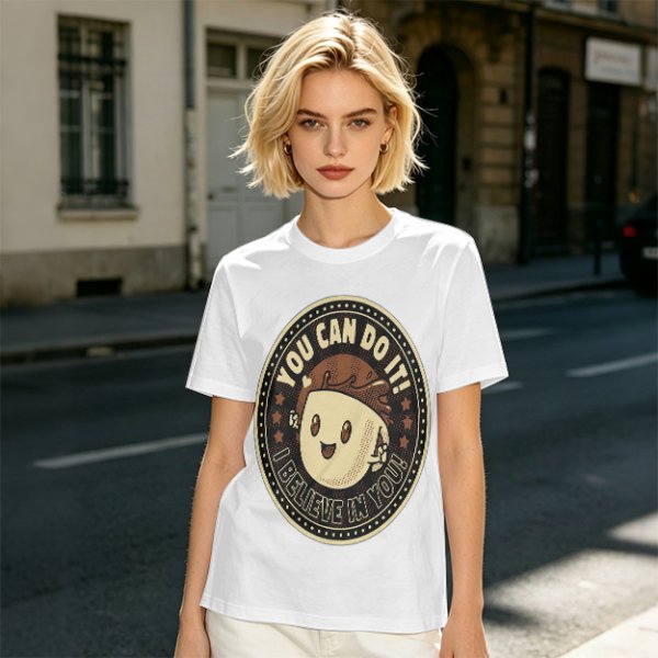 Olive green t-shirt with encouraging coffee character graphic and motivational text
