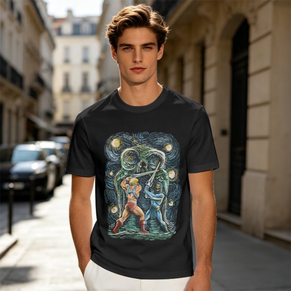 Olive T-shirt with Starry Night Style He-Man vs Skeletor Art