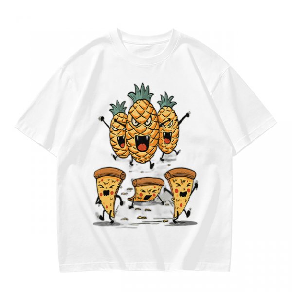 Olive T-Shirt With Angry Pineapple And Pizza Slice Cartoon Print