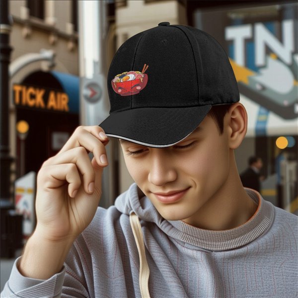 Black Baseball Cap With Cute Angry Ramen Bowl Graphic