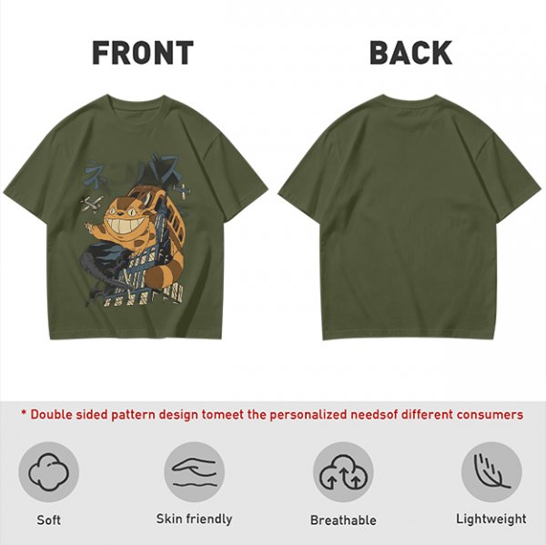 Olive T-shirt with giant cat bus monster and vintage planes graphic