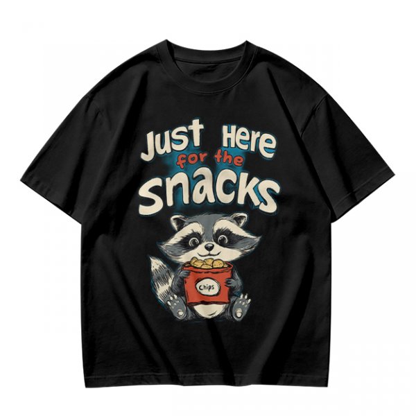 Olive green t-shirt with 'Just Here for the Snacks' and raccoon graphic