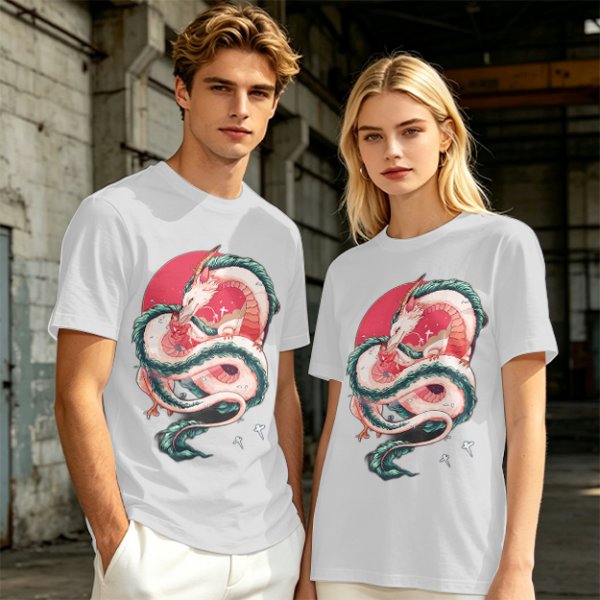 Olive T-shirt with stylized white dragon and red circular graphic print