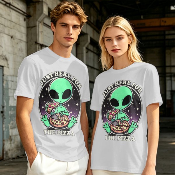 Olive green t-shirt with alien eating pizza text Just Here For The Pizza