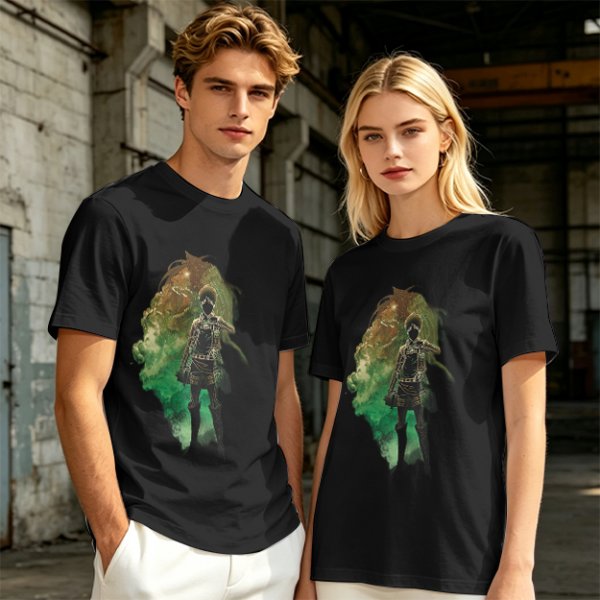 Olive Anime Graphic T-Shirt With Warrior And Giant Artwork