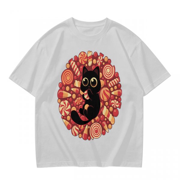 Olive T-Shirt With Cute Black Cat Holding Candy Surrounded By Sweets