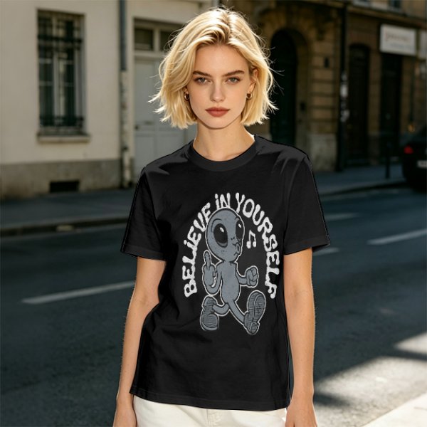 Oversized Olive T-Shirt With Alien 'Believe In Yourself' Graphic