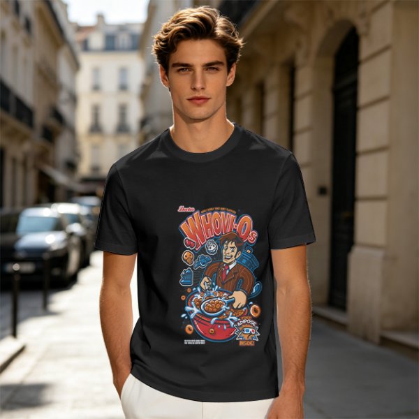 Olive green t-shirt with Doctor Who themed Whovio's cereal graphic