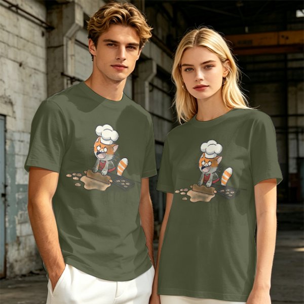 Olive T-shirt with a stressed cartoon cat baking cookies