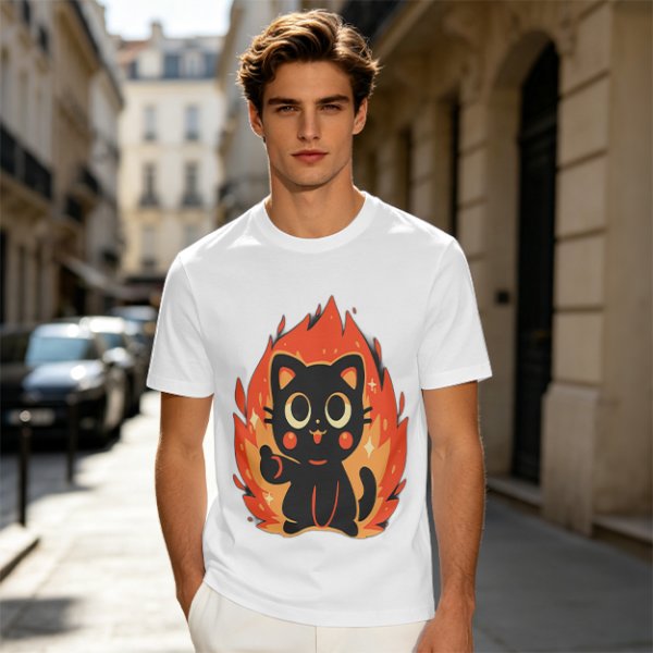 Olive T-Shirt With Cute Black Cat Thumbs Up On Flames Graphic
