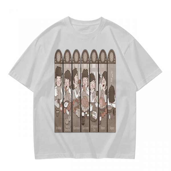 Olive Green T-Shirt with Cartoon Medieval Tavern Scene Print
