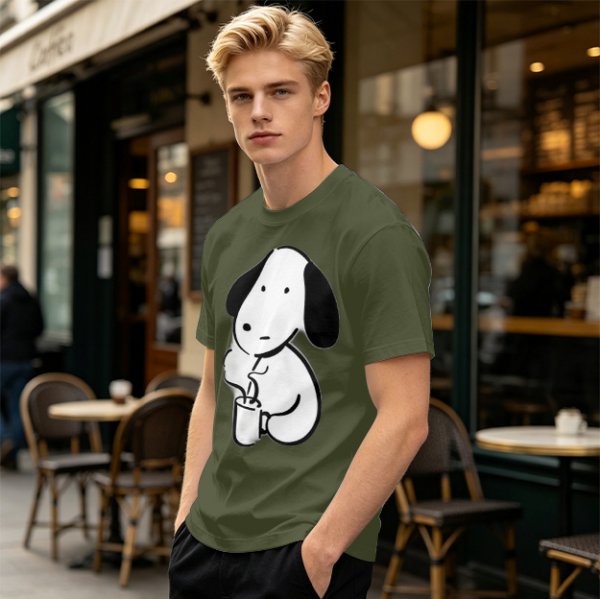 Olive Green T-Shirt With Cartoon Dog Holding Hot Drink Graphic