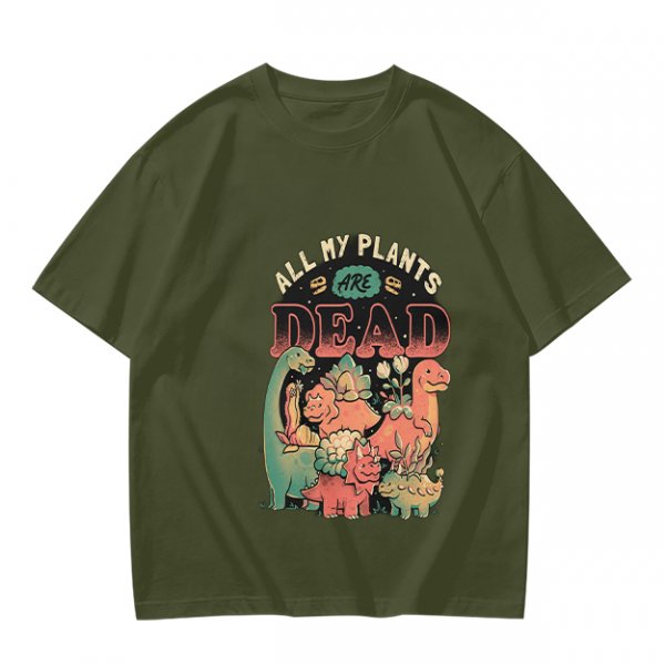 Olive graphic t-shirt with 'All My Plants Are Dead' dinosaur print
