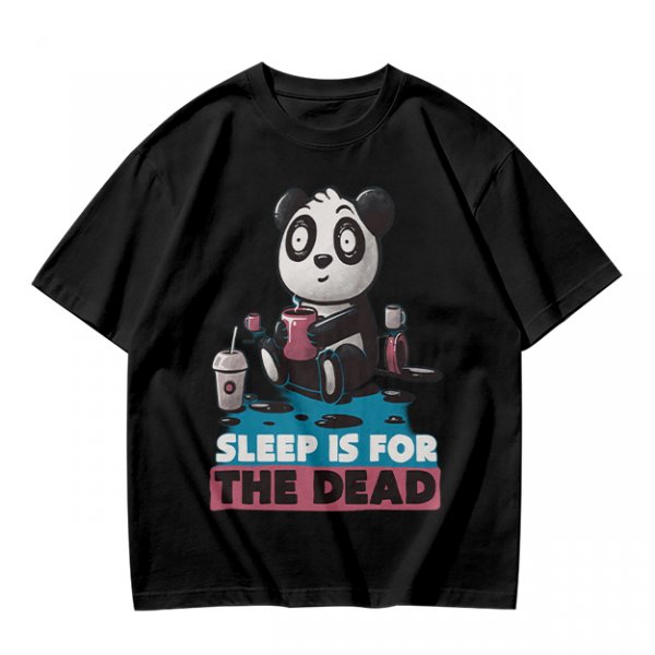 Olive t-shirt with panda drinking coffee and 'Sleep is for the dead' text