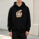 Black hoodie with cartoon dog holding coffee on fire graphic