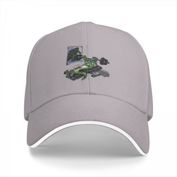 Black baseball cap with a green frog bench pressing weight design