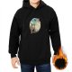 Black hoodie with witch and black cat town scene graphic