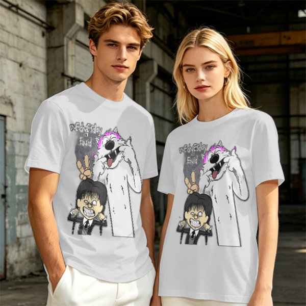 Olive graphic tee with Wednesday and Enid cartoon wolf design