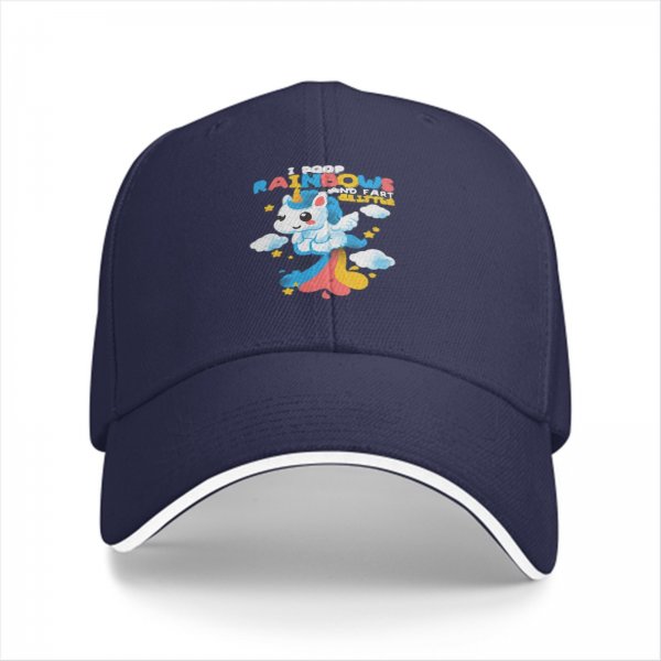 Black baseball cap with playful unicorn rainbow poop graphic