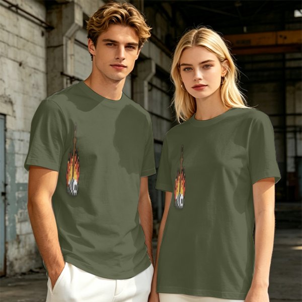 Olive Green T-Shirt With Pixel Art Skull Sword And Fire Print