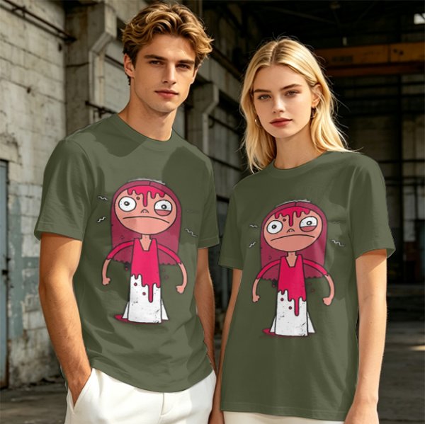 Olive Green T-Shirt With Creepy Cartoon Girl Print