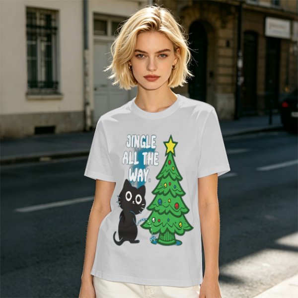 Olive Christmas Cat T-Shirt with Jingle All The Way Print