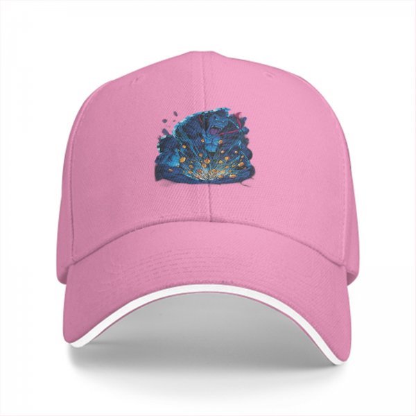 Black baseball cap with blue fantasy character explosion graphic